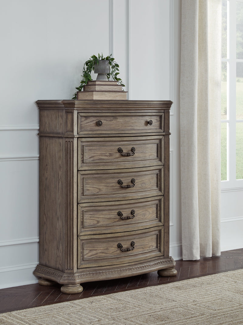 Ardenfield King Upholstered Sleigh Bed with Mirrored Dresser and Chest in Light Brown from Ashley - Luna Furniture