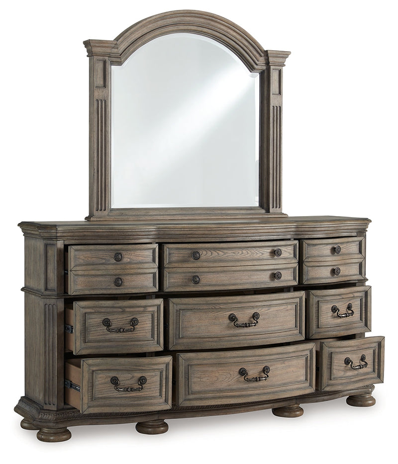 Ardenfield King Upholstered Sleigh Bed with Mirrored Dresser and Chest in Light Brown from Ashley - Luna Furniture
