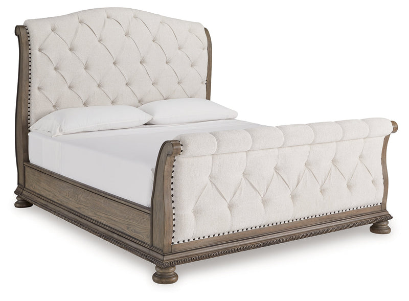 Ardenfield King Upholstered Sleigh Bed with Mirrored Dresser and Chest in Light Brown from Ashley - Luna Furniture
