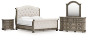 Ardenfield King Upholstered Sleigh Bed with Mirrored Dresser and Nightstand in Light Brown from Ashley - Luna Furniture