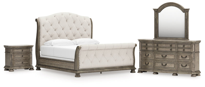 Ardenfield King Upholstered Sleigh Bed with Mirrored Dresser and Nightstand in Light Brown from Ashley - Luna Furniture