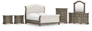 Ardenfield King Upholstered Sleigh Bed with Mirrored Dresser, Chest and 2 Nightstands in Light Brown from Ashley - Luna Furniture