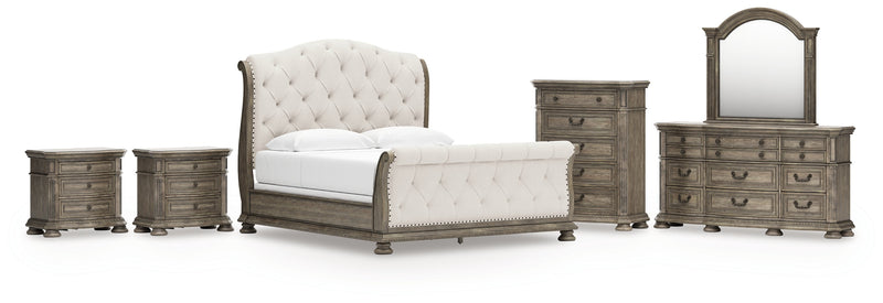 Ardenfield King Upholstered Sleigh Bed with Mirrored Dresser, Chest and 2 Nightstands in Light Brown from Ashley - Luna Furniture