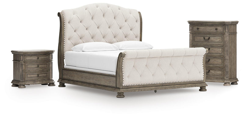 Ardenfield Light Brown California King Sleigh Bed, Chest and Nightstand - B944B6