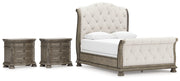 Ardenfield Queen Upholstered Sleigh Bed with 2 Nightstands in Light Brown from Ashley - Luna Furniture