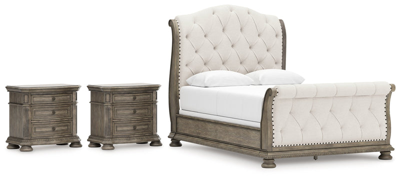 Ardenfield Queen Upholstered Sleigh Bed with 2 Nightstands in Light Brown from Ashley - Luna Furniture