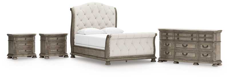 Ardenfield Queen Upholstered Sleigh Bed with Dresser and 2 Nightstands in Light Brown from Ashley - Luna Furniture