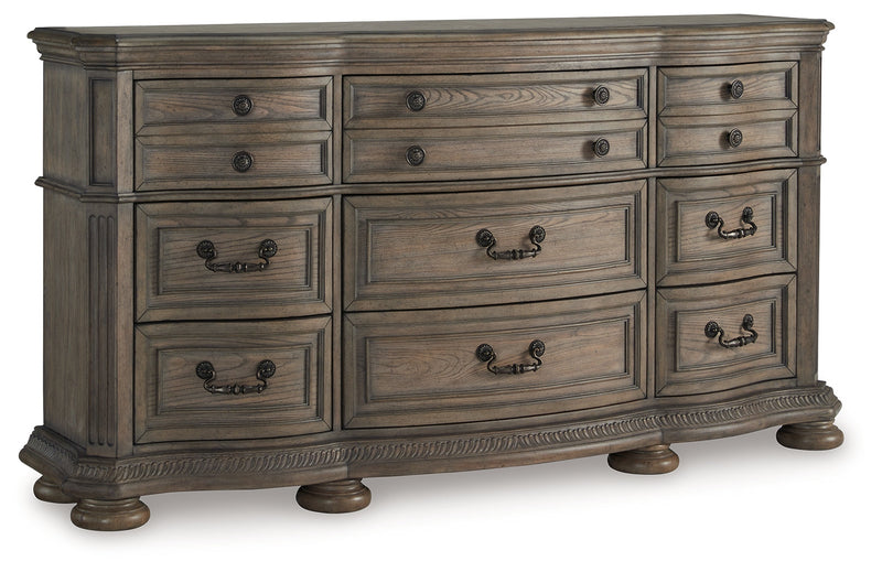 Ardenfield Queen Upholstered Sleigh Bed with Dresser and 2 Nightstands in Light Brown from Ashley - Luna Furniture