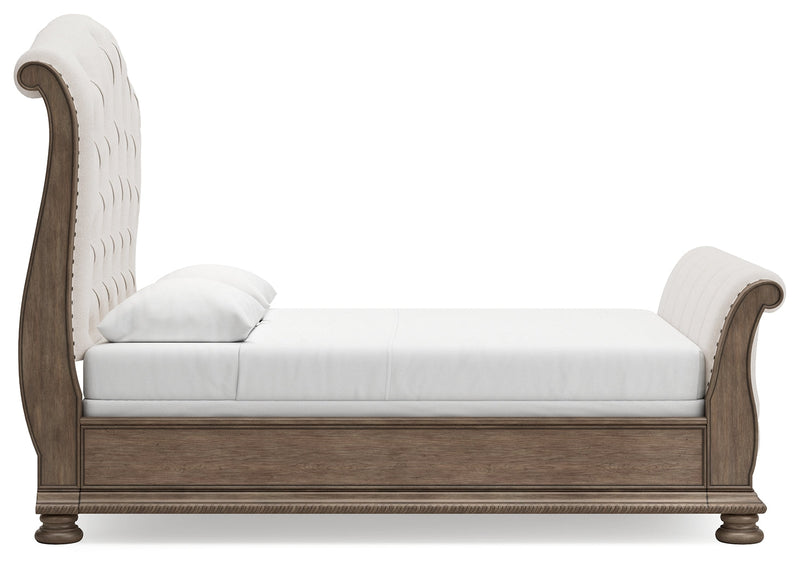 Ardenfield Queen Upholstered Sleigh Bed with Dresser and 2 Nightstands in Light Brown from Ashley - Luna Furniture