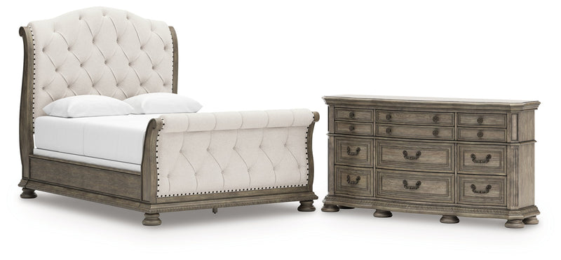 Ardenfield Queen Upholstered Sleigh Bed with Dresser in Light Brown from Ashley - Luna Furniture