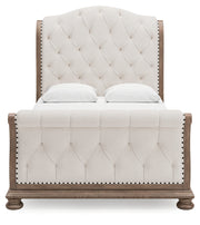 Ardenfield Queen Upholstered Sleigh Bed with Dresser in Light Brown from Ashley - Luna Furniture