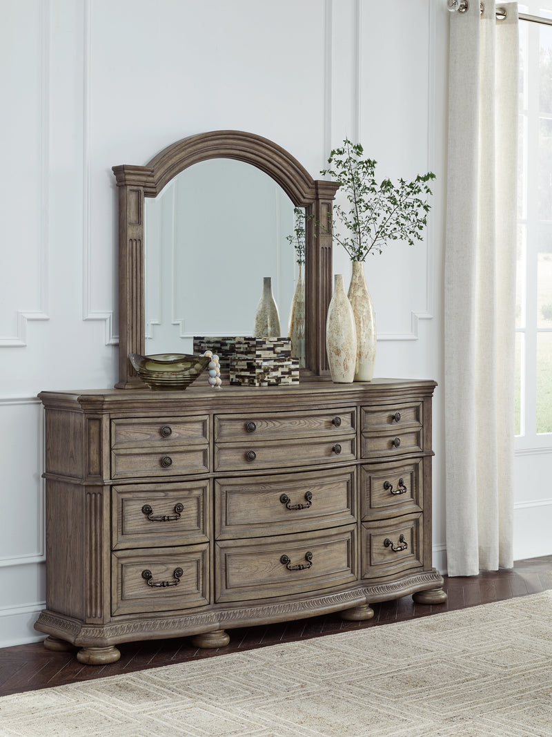 Ardenfield Queen Upholstered Sleigh Bed with Mirrored Dresser and 2 Nightstands in Light Brown from Ashley - Luna Furniture