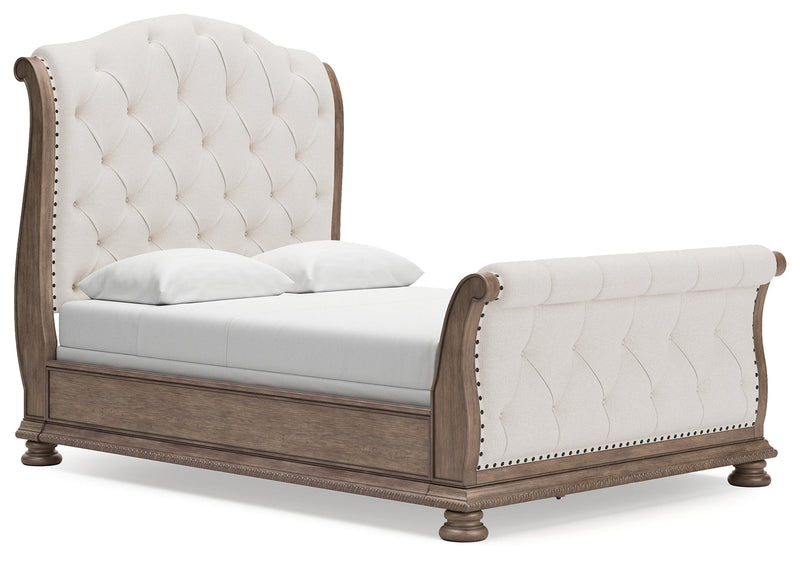 Ardenfield Queen Upholstered Sleigh Bed with Mirrored Dresser and Chest in Light Brown from Ashley - Luna Furniture