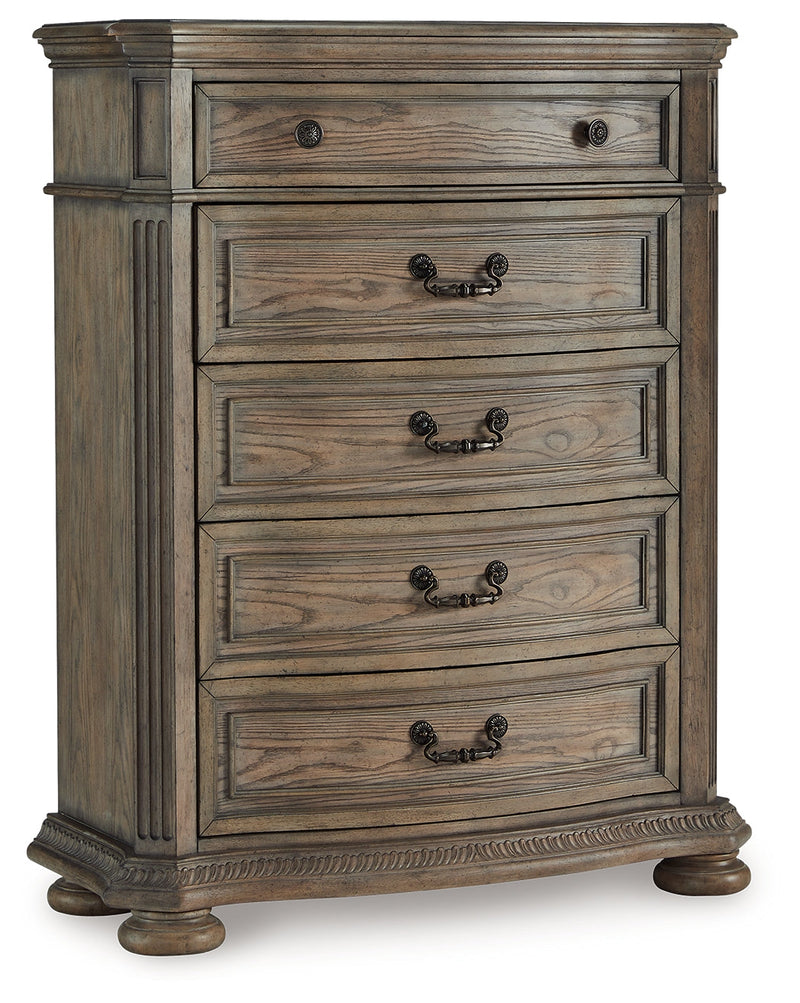 Ardenfield Queen Upholstered Sleigh Bed with Mirrored Dresser and Chest in Light Brown from Ashley - Luna Furniture