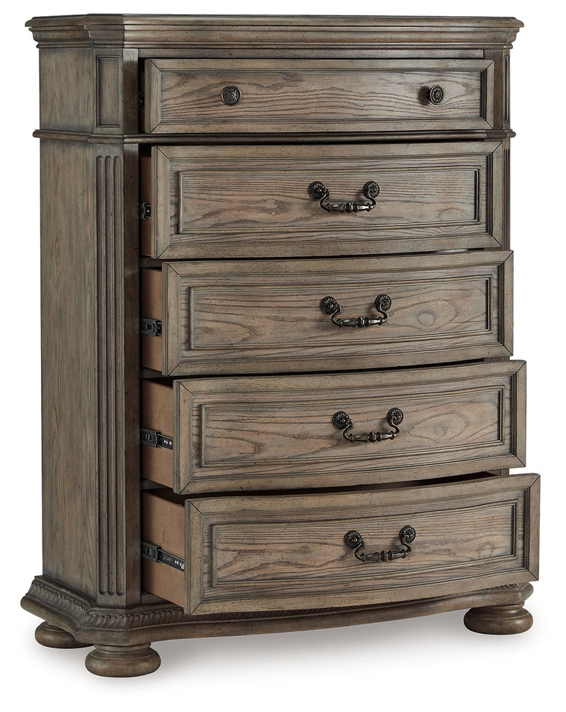 Ardenfield Queen Upholstered Sleigh Bed with Mirrored Dresser and Chest in Light Brown from Ashley - Luna Furniture