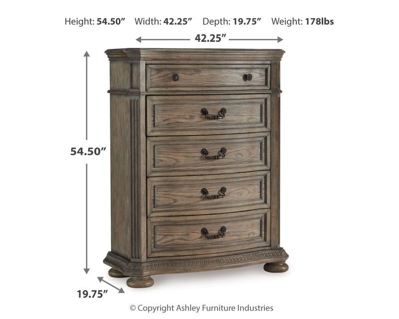 Ardenfield Queen Upholstered Sleigh Bed with Mirrored Dresser and Chest in Light Brown from Ashley - Luna Furniture