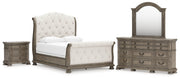 Ardenfield Queen Upholstered Sleigh Bed with Mirrored Dresser and Nightstand in Light Brown from Ashley - Luna Furniture