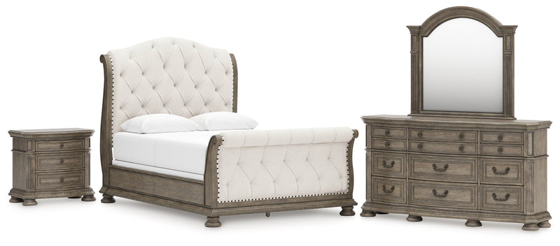 Ardenfield Queen Upholstered Sleigh Bed with Mirrored Dresser and Nightstand in Light Brown from Ashley - Luna Furniture
