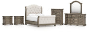 Ardenfield Queen Upholstered Sleigh Bed with Mirrored Dresser, Chest and 2 Nightstands in Light Brown from Ashley - Luna Furniture