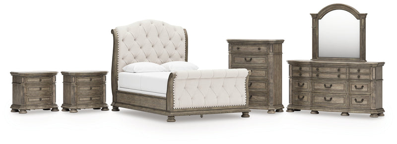 Ardenfield Queen Upholstered Sleigh Bed with Mirrored Dresser, Chest and 2 Nightstands in Light Brown from Ashley - Luna Furniture