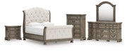 Ardenfield Queen Upholstered Sleigh Bed with Mirrored Dresser, Chest and Nightstand in Light Brown from Ashley - Luna Furniture
