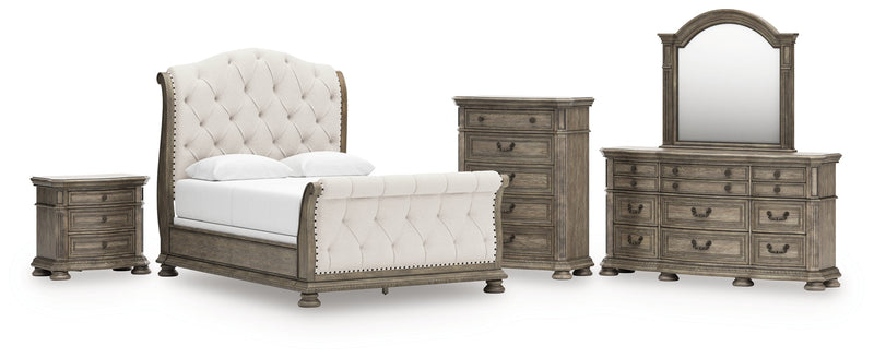 Ardenfield Queen Upholstered Sleigh Bed with Mirrored Dresser, Chest and Nightstand in Light Brown from Ashley - Luna Furniture