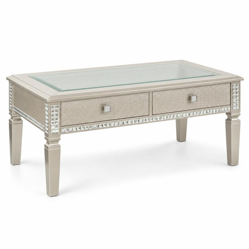 Arezzo - Silver Coffee Table with Glass Top and Storage Drawers - T205-C-Table