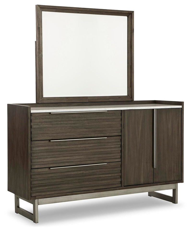 Arkenton Grayish Brown King Panel Bed, Dresser and Mirror - B786B8