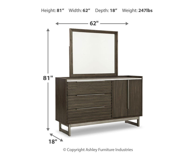 Arkenton Grayish Brown King Panel Bed, Dresser and Mirror - B786B8