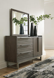 Arkenton Grayish Brown King Panel Bed, Dresser and Mirror - B786B8