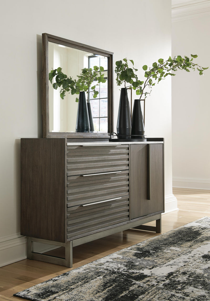 Arkenton Grayish Brown King Panel Bed, Dresser and Mirror - B786B8