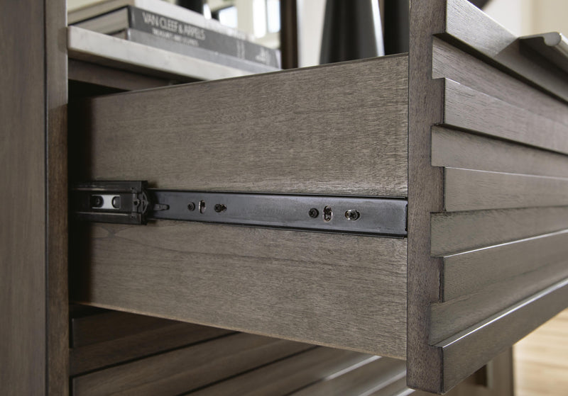 Arkenton Grayish Brown King Panel Bed, Dresser and Mirror - B786B8