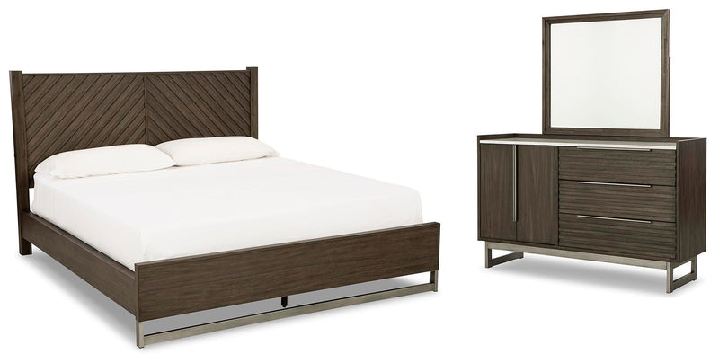 Arkenton Grayish Brown King Panel Bed, Dresser and Mirror - B786B8