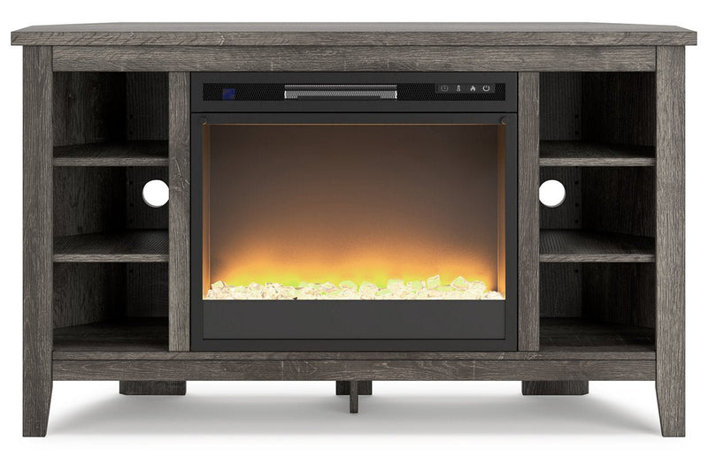 Arlenbry Gray Corner TV Stand with Electric Fireplace - Gate FurnitureTV Stand