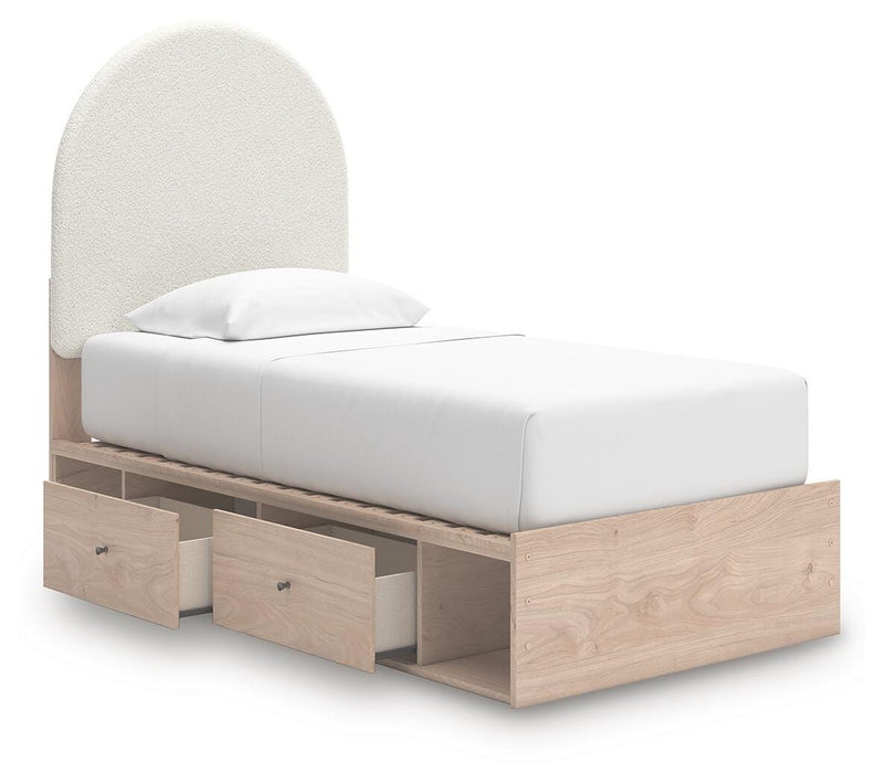 Arloster Tan/White Twin Upholstered Panel Bed with Storage - PCB1566B6