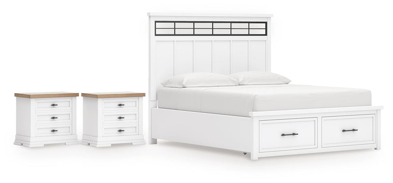 Ashbryn California King Panel Storage Bed and 2 Nightstands in White/Natural - PKG016981
