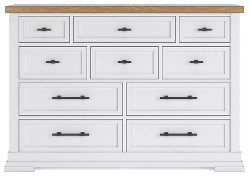 Ashbryn California King Panel Storage Bed, Dresser and 2 Nightstands in White/Natural - PKG016980