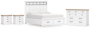 Ashbryn California King Panel Storage Bed, Dresser and 2 Nightstands in White/Natural - PKG016980