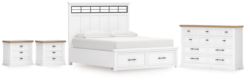 Ashbryn California King Panel Storage Bed, Dresser and 2 Nightstands in White/Natural - PKG016980
