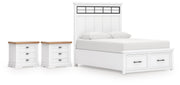 Ashbryn King Panel Storage Bed and 2 Nightstands in White/Natural - PKG016972