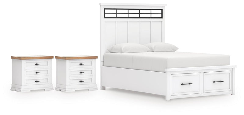 Ashbryn King Panel Storage Bed and 2 Nightstands in White/Natural - PKG016972