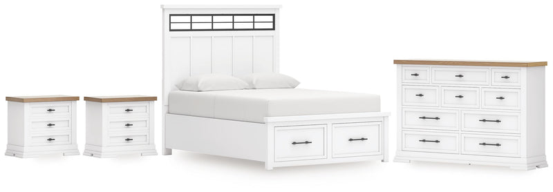 Ashbryn King Panel Storage Bed, Dresser and 2 Nightstands in White/Natural - PKG016971