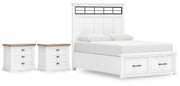 Ashbryn Queen Panel Storage Bed and 2 Nightstands in White/Natural - PKG016963