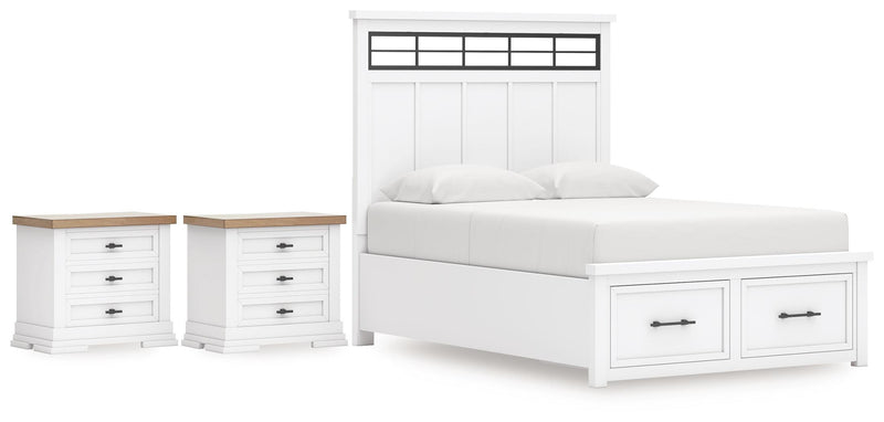 Ashbryn Queen Panel Storage Bed and 2 Nightstands in White/Natural - PKG016963