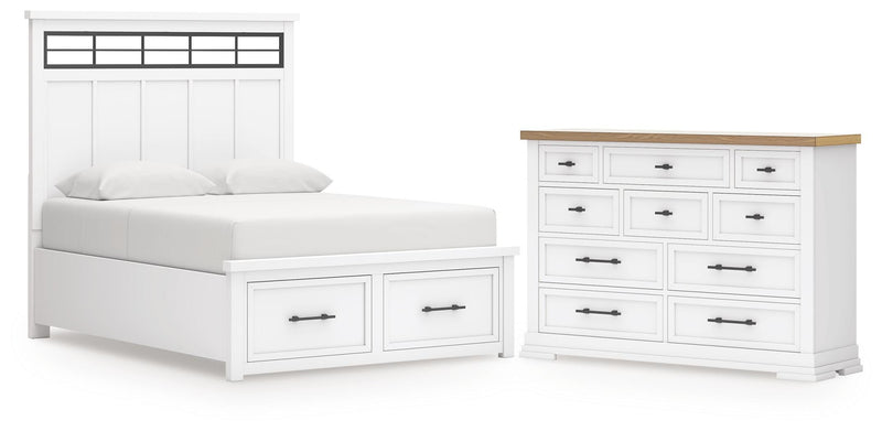 Ashbryn Queen Panel Storage Bed and Dresser in White/Natural - PKG016961
