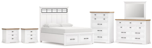 Ashbryn Queen Panel Storage Bed with Mirrored Dresser, Chest and 2 Nightstands in White/Natural from Ashley - Luna Furniture