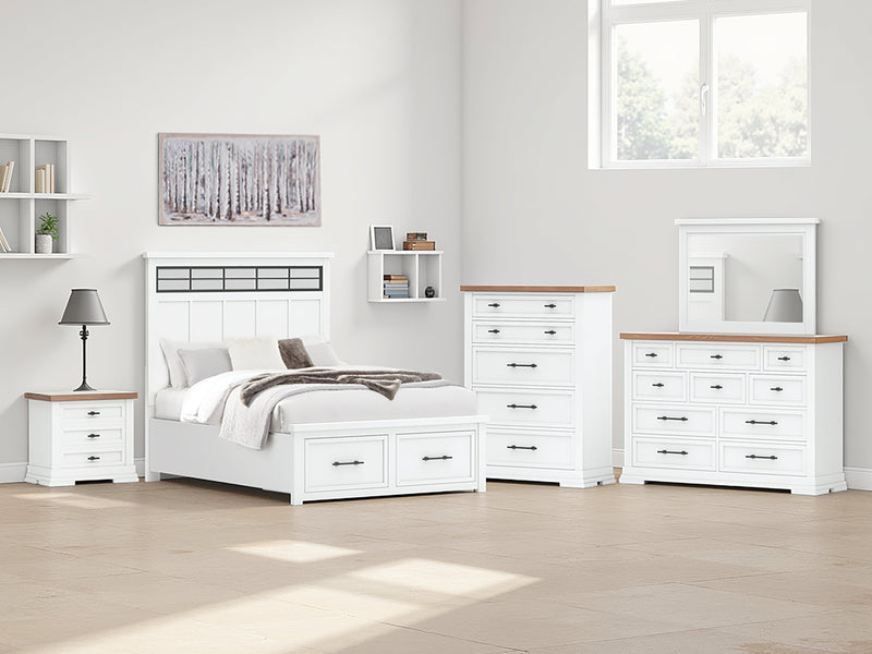 Ashbryn Queen Panel Storage Bed with Mirrored Dresser, Chest and Nightstand in White/Natural from Ashley - Luna Furniture