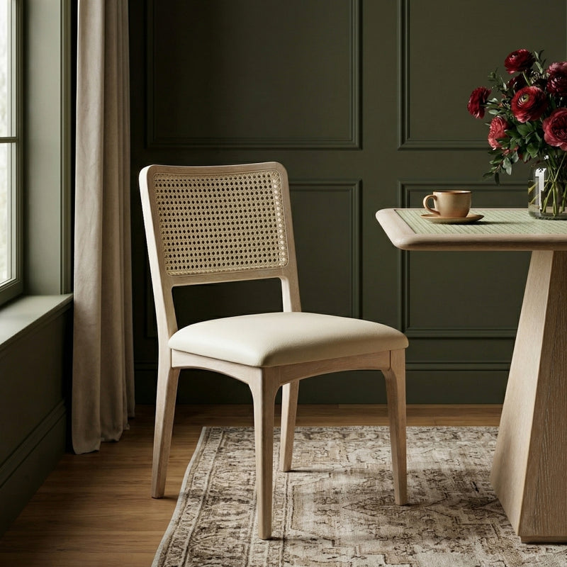 Atrium Cane Back And Vegan Leather Upholstered Seat Dining Chair in Cream, Set of 2 - 88070Cream-C