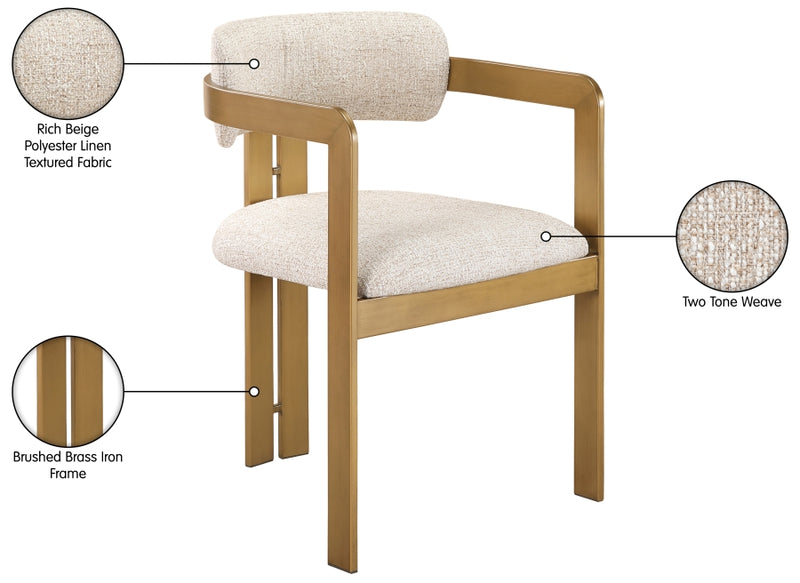 Aurum Linen Textured Fabric Upholstered And Brushed Brass Iron Frame Dining Chair in Beige, Set of 2 - 88088Beige-C