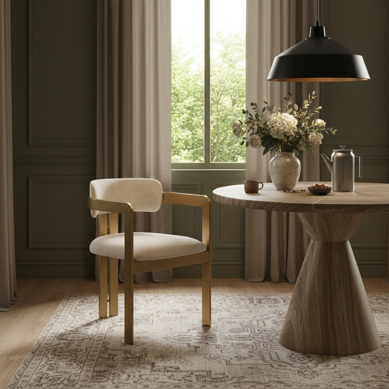 Aurum Linen Textured Fabric Upholstered And Brushed Brass Iron Frame Dining Chair in Beige, Set of 2 - 88088Beige-C